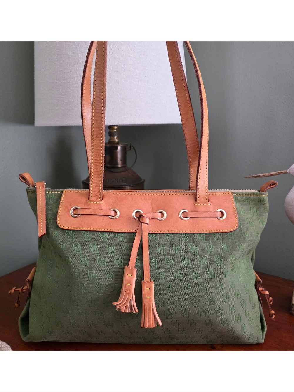 Dooney & Bourke Signature DB Green Canvas Leather Shoulder Tote Bag Y2K
